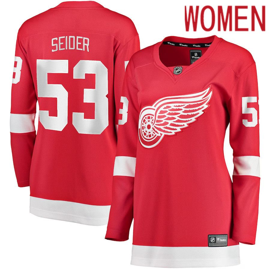 Women Detroit Red Wings #53 Moritz Seider Fanatics Branded Red Home Breakaway Player NHL Jersey->women nhl jersey->Women Jersey